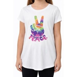 Justice T-Shirt Top White Tie Dye Peace Sign Short Sleeve Scoop Hem Kids Size 18